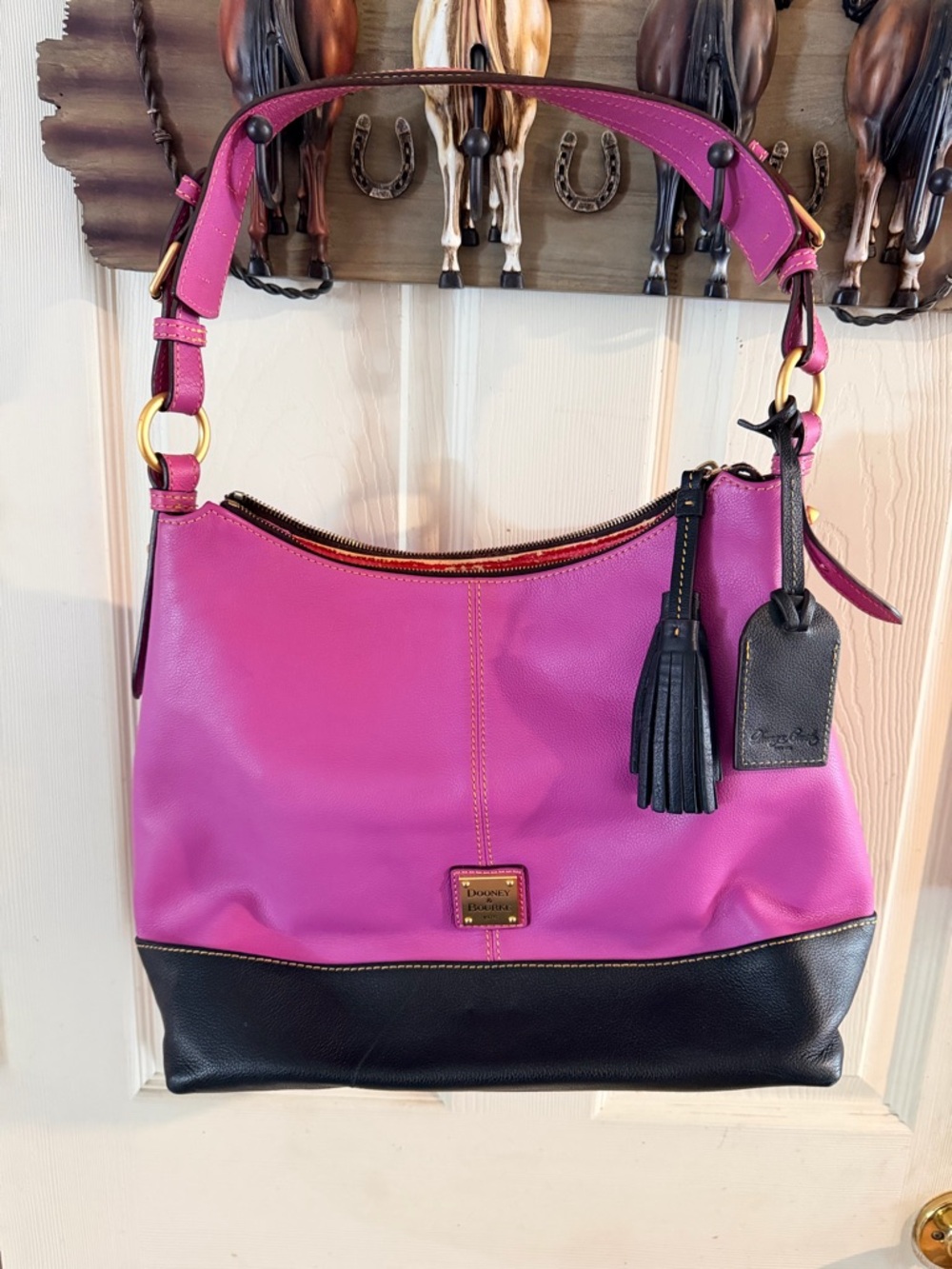 Dooney & Bourke Hot Pink and Black Leather Hobo Shoulder Bag